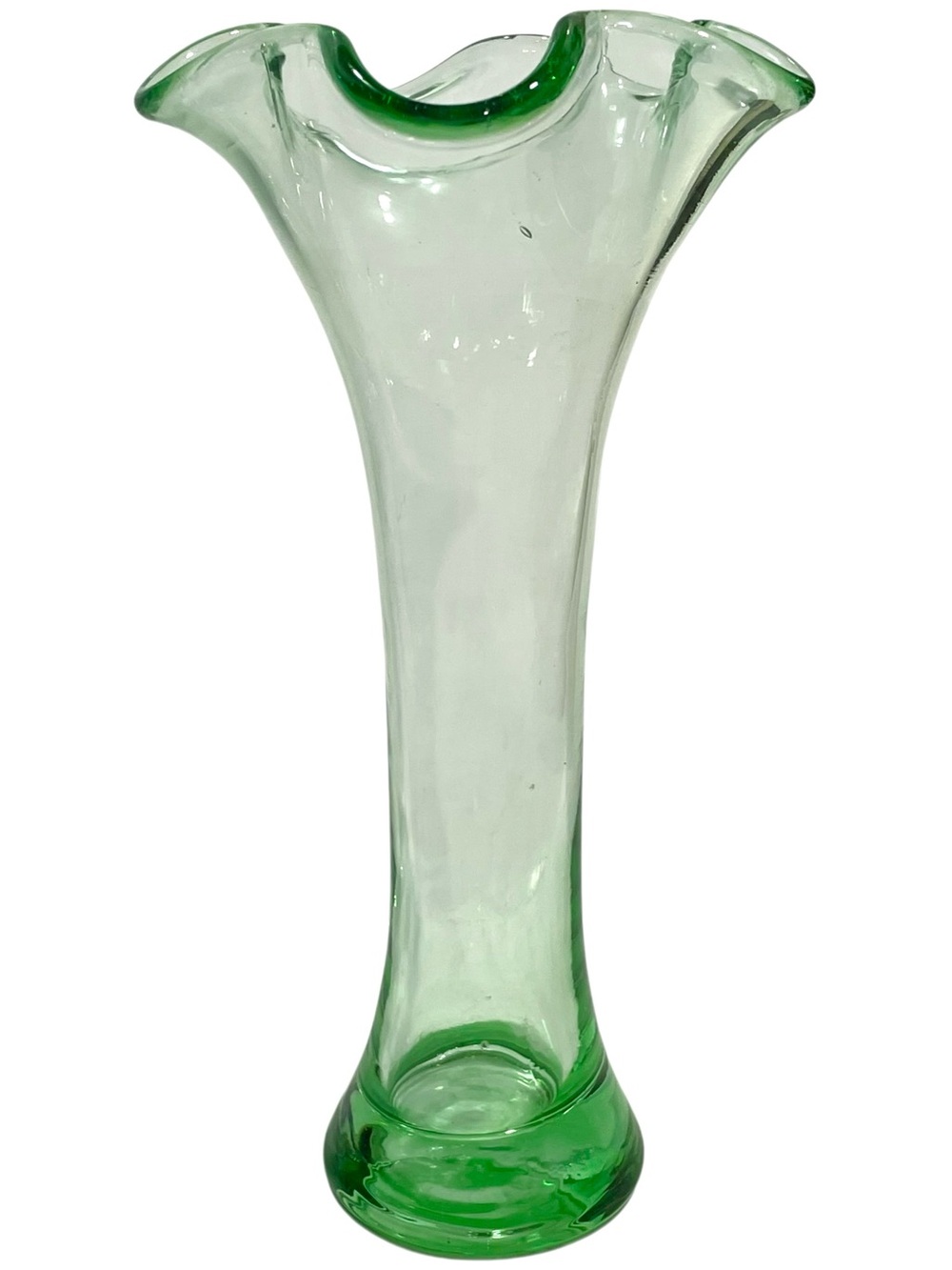 Vintage 1930s Green Depression Glass Ruffled Edged Small Bud Flower Swung Vase